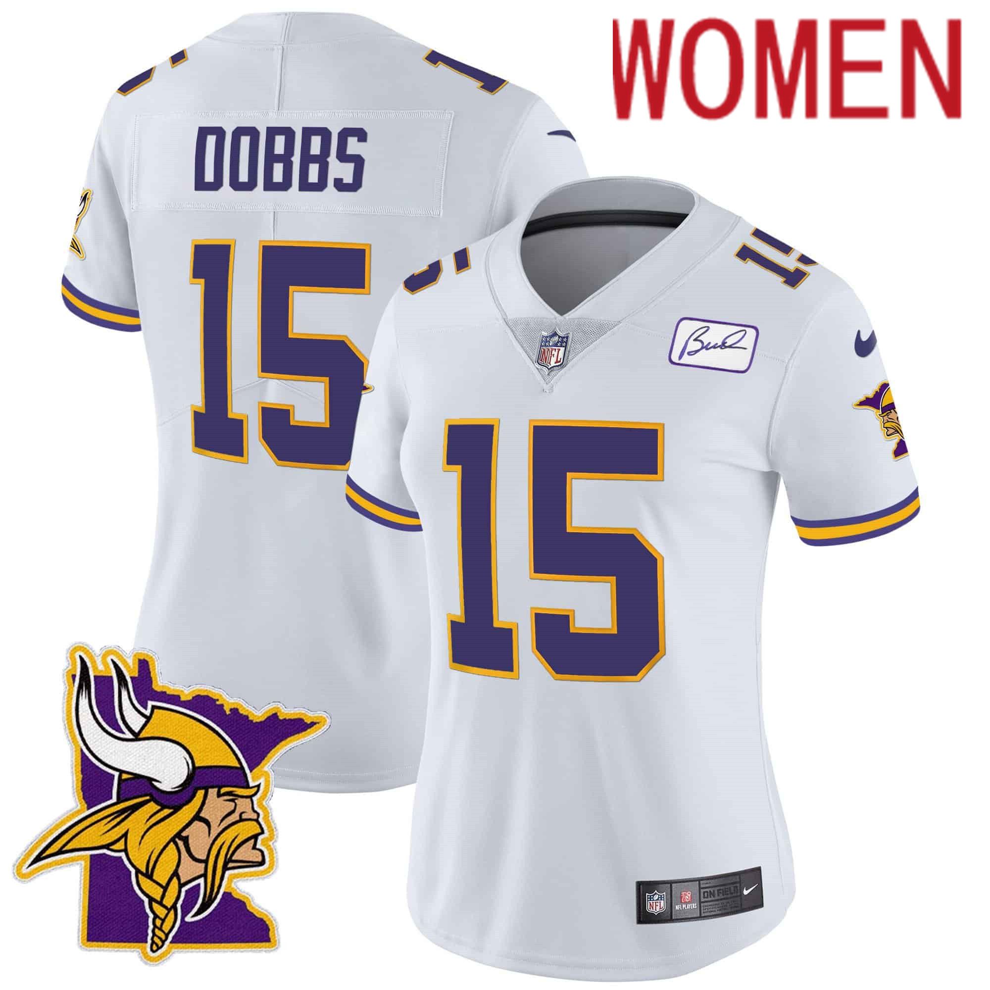 Women Minnesota Vikings 15 Dobbs White 2024 Nike Prince Vapor Limited NFL Jersey style 1